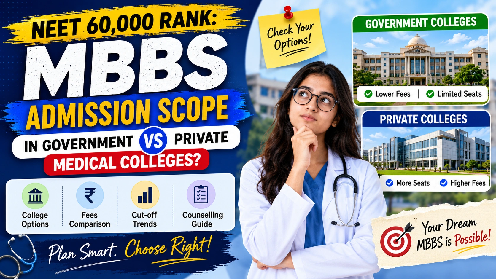 NEET 60,000 Rank: MBBS Admission Scope in Government vs Private Medical Colleges?